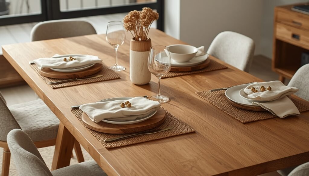 Nature-inspired table setting with wooden plates, white napkins, and neutral decor.