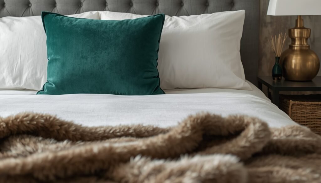 Cozy Christmas bedroom decor: plush teal pillow on white bedding with faux fur throw