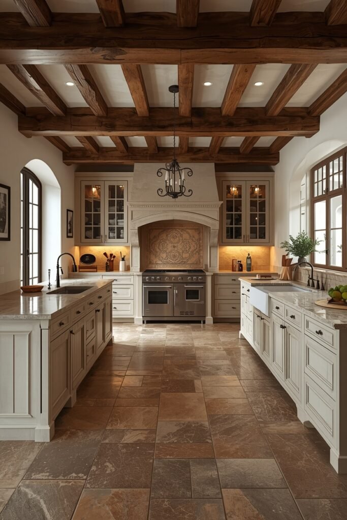 Rustic kitchen floor tile ideas: large, natural stone tiles in a grand kitchen.