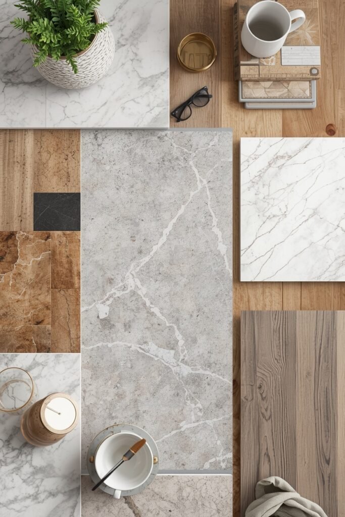 Various kitchen floor tile ideas: marble, wood-look, and stone samples