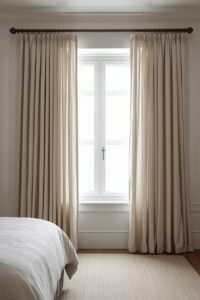 Master bedroom makeover: beige pleated curtains frame a window.