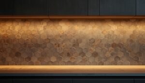 Hexagonal tile backsplash with warm under-cabinet lighting in a retro kitchen