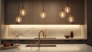 Modern kitchen with retro pendant lights, brass faucet, and marble countertop.