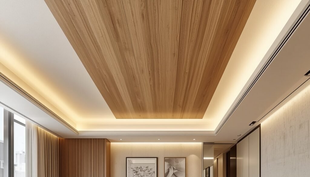 Modern ceiling design with warm wood paneling and recessed lighting