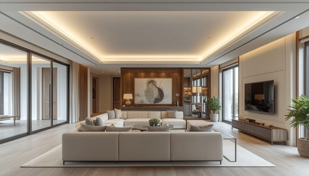 Modern living room with recessed ceiling lighting and large sectional sofa
