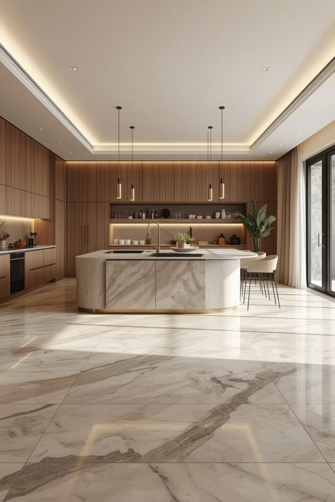 Modern kitchen with marble floor tile ideas and wood cabinetry.