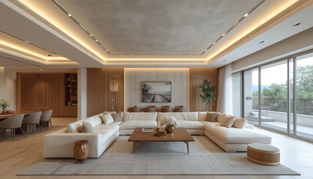 Modern ceiling design with recessed lighting in a spacious living room.