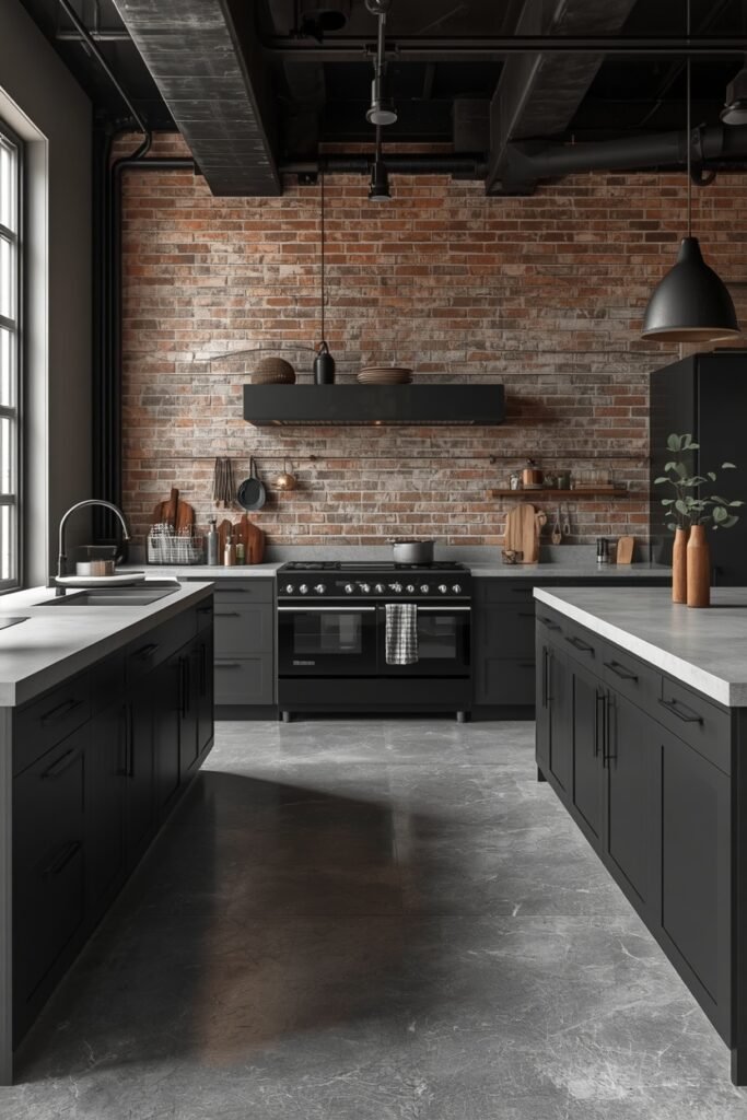 Modern industrial kitchen with dark gray cabinets and brick wall. Kitchen floor tile ideas.