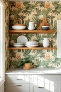 Colorful kitchen shelves with tropical wallpaper and white dishes