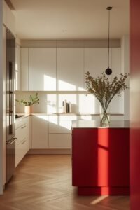 Modern kitchen with a bold red island, white cabinets, and natural light