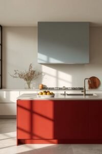 Red kitchen island with fruit, modern white cabinets, and a light blue hood.
