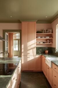 Colorful kitchen with peach cabinets, green countertops, and sage green ceiling.