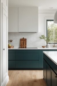 Modern kitchen with teal cabinets, white marble backsplash, and wood floors