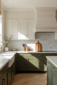 Green and white kitchen with marble backsplash and brass hardware
