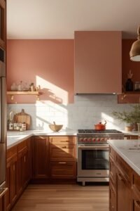 Colorful kitchen with warm wood cabinets, coral walls, and stainless steel appliances.
