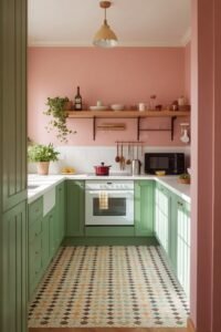 Colorful U-shaped kitchen with sage green cabinets and pink walls