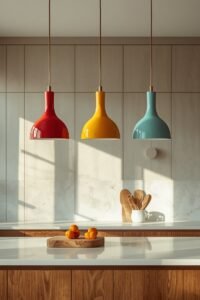 Colorful kitchen ideas: three pendant lights in red, yellow, and teal hang over a counter.