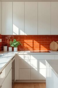 Modern kitchen with white cabinets and a vibrant orange tile backsplash, showcasing colorful kitchen ideas.