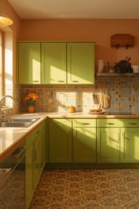 Lime green kitchen cabinets and colorful tile backsplash, inspiring colorful kitchen ideas.