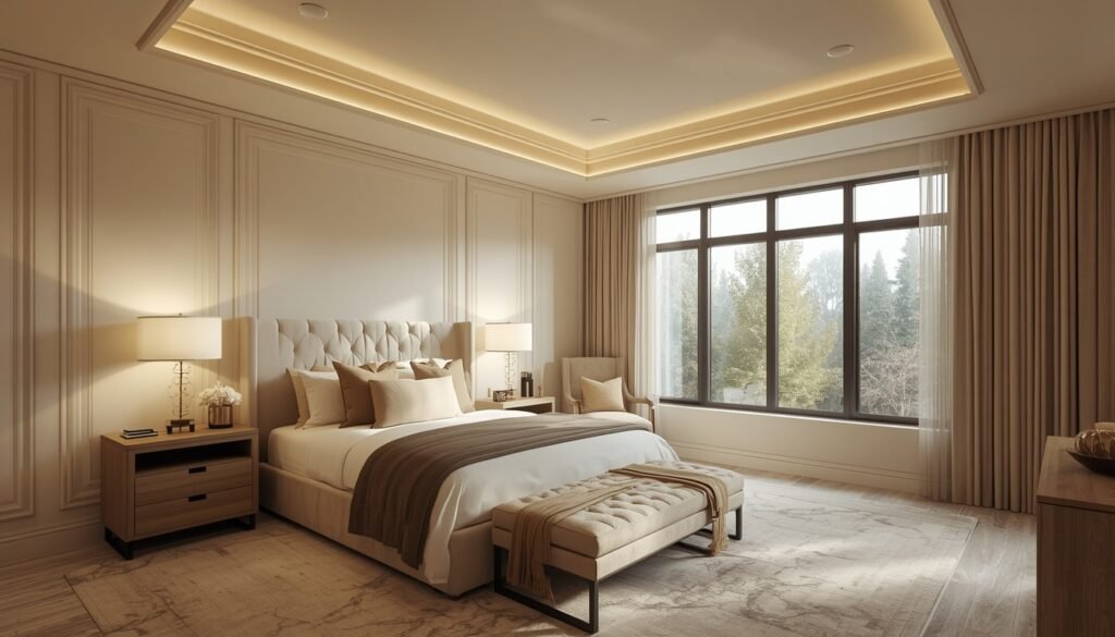 Modern bedroom with tray ceiling, recessed lighting, and large window