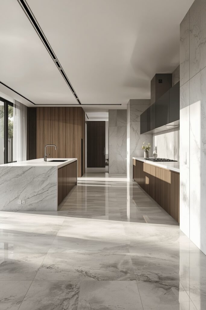 Modern kitchen with large format marble floor tiles and island