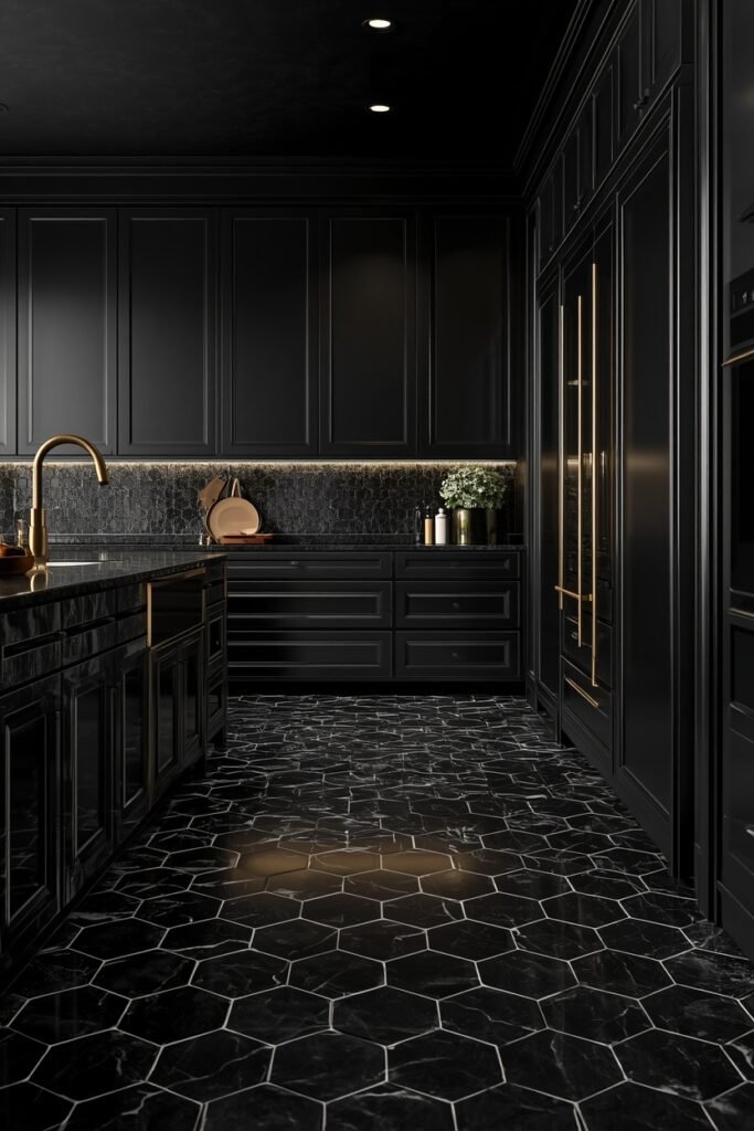 Black hexagonal marble kitchen floor tile ideas