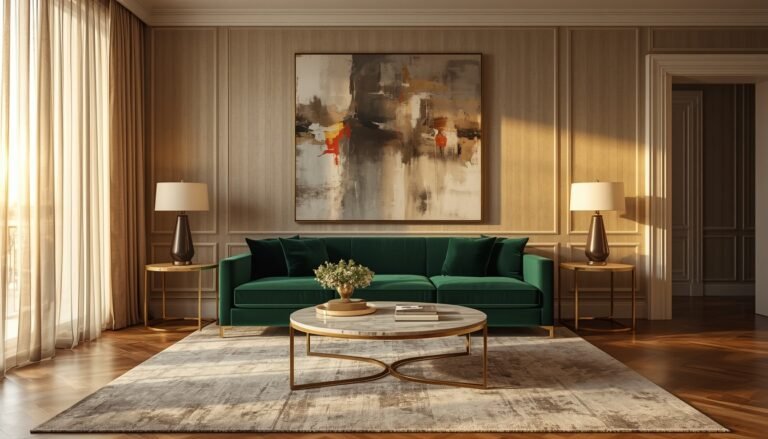 A green velvet sofa anchors a refined living room, with gold side tables, a round coffee table, abstract wall art, and luxury living room ideas styling on a light rug.