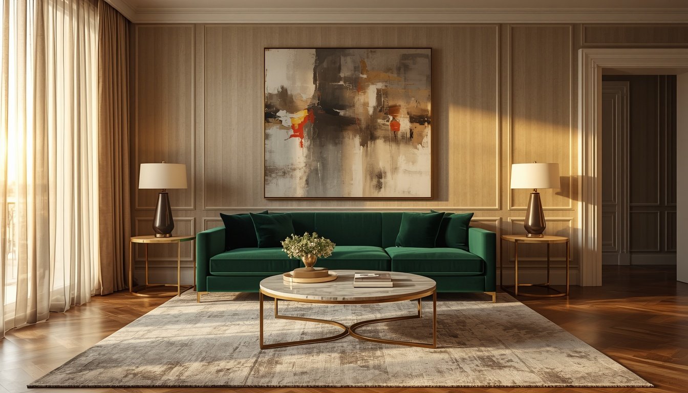 A green velvet sofa anchors a refined living room, with gold side tables, a round coffee table, abstract wall art, and luxury living room ideas styling on a light rug.