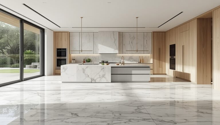 Modern kitchen with large marble floor tiles, a popular tile idea.