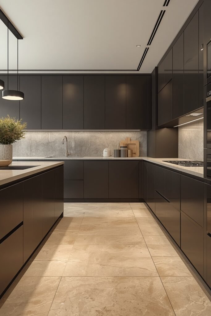 Modern dark kitchen with large beige marble floor tiles