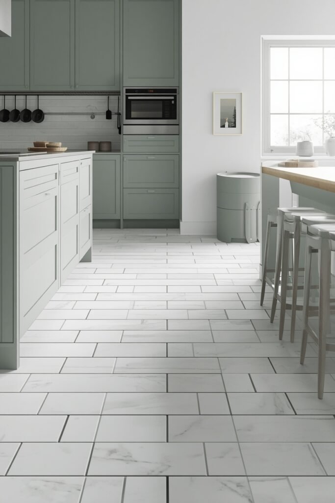 Sage green kitchen cabinets and white marble floor tile ideas.