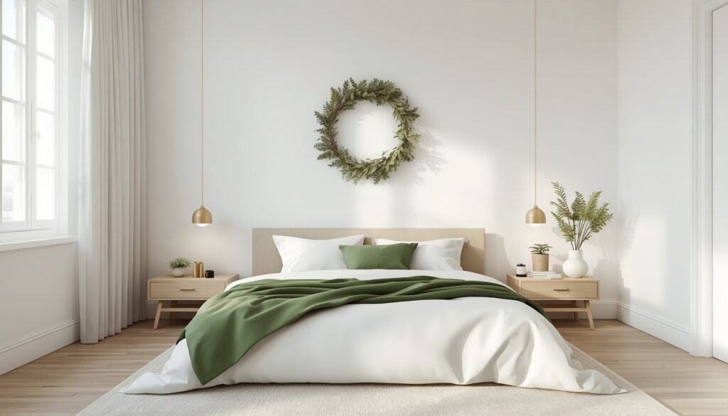 Cozy Christmas bedroom decor: White bedding, green throw, wreath, and bedside lamps