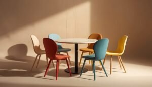 Colorful chairs around a round table, bright apartment idea