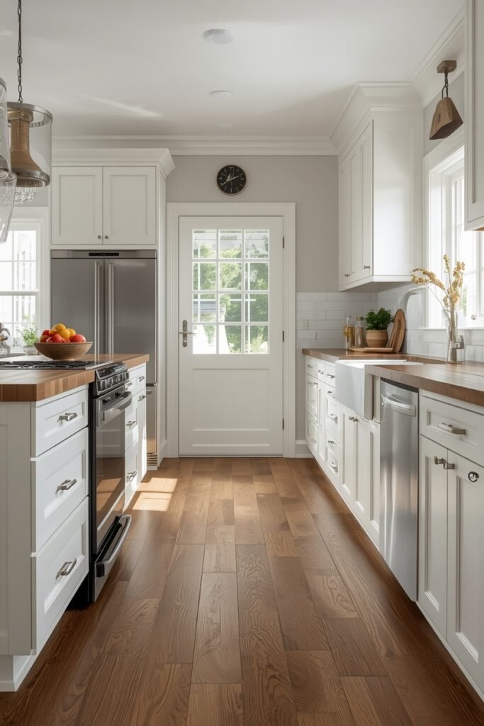Warm wood plank flooring in a bright white kitchen with stainless steel appliances.