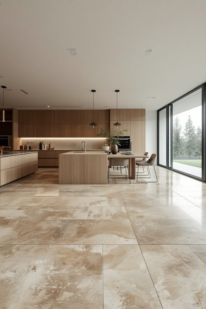 Large format travertine kitchen floor tile ideas in a modern wood kitchen