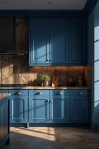 Deep blue kitchen cabinets with warm lighting, showcasing colorful kitchen ideas.