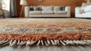 Textured, colorful bohemian rug in a living room with a couch