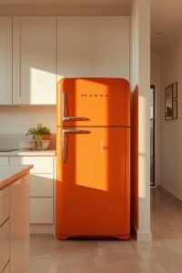 Retro orange refrigerator in a bright, modern kitchen with white cabinets.