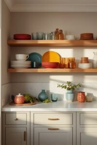 Colorful kitchen shelves with dishes, glassware, and decor