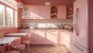 Pink retro kitchen with diner-style table and chairs, showcasing charming retro kitchen ideas.