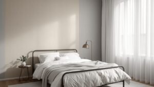 Neutral-toned bedroom with a metal bed frame and sheer white curtains