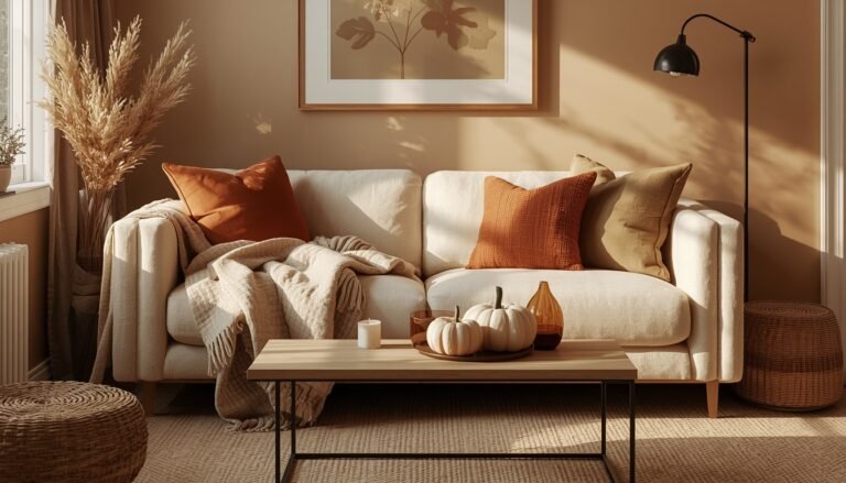 A beige sofa styled with rust pillows, a knit throw, and small pumpkins sits in a sunlit living room with a coffee table, floor lamp, and dried grasses, illustrating fall living room ideas under $100.