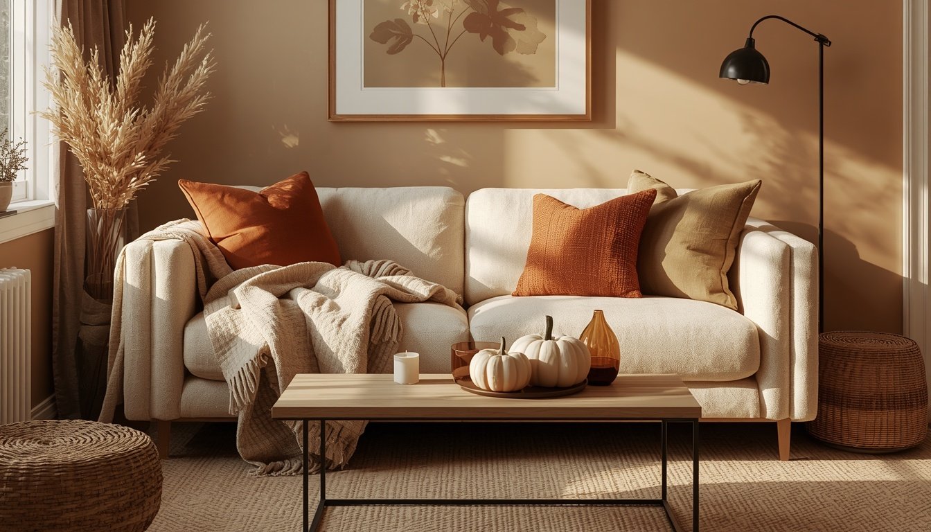 A beige sofa styled with rust pillows, a knit throw, and small pumpkins sits in a sunlit living room with a coffee table, floor lamp, and dried grasses, illustrating fall living room ideas under $100.