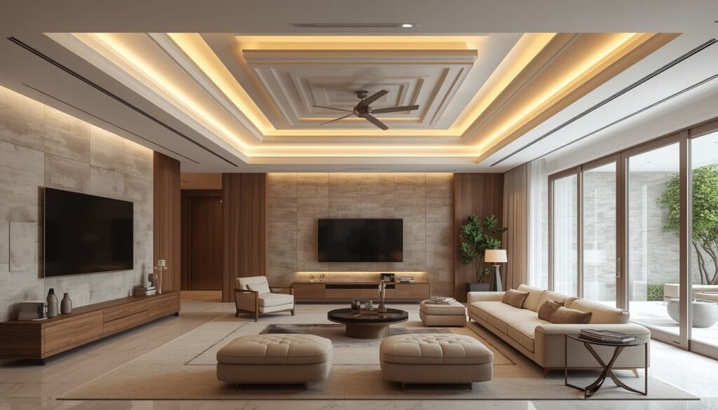 Modern ceiling design with recessed lighting and a fan in a stylish living room.