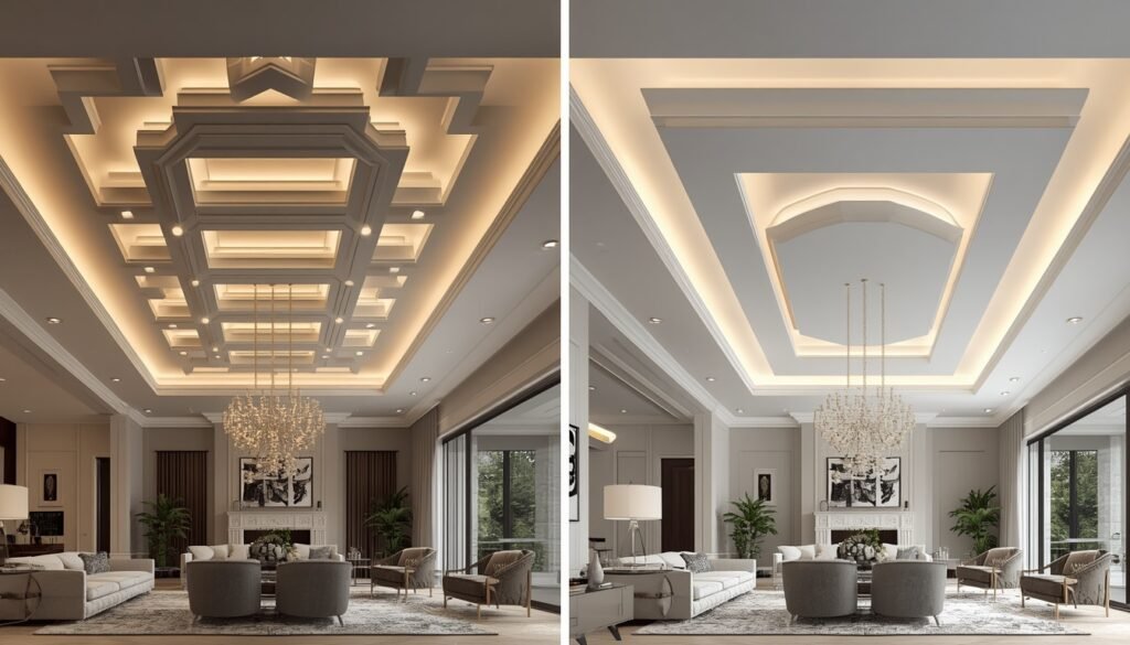 Modern ceiling design ideas: intricate coffered ceiling and minimalist tray ceiling.