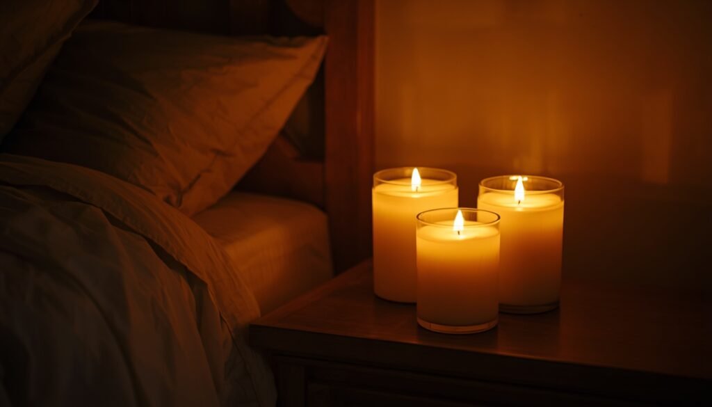 Three glowing pillar candles on a nightstand next to a bed, evoking cozy Christmas bedroom decor.