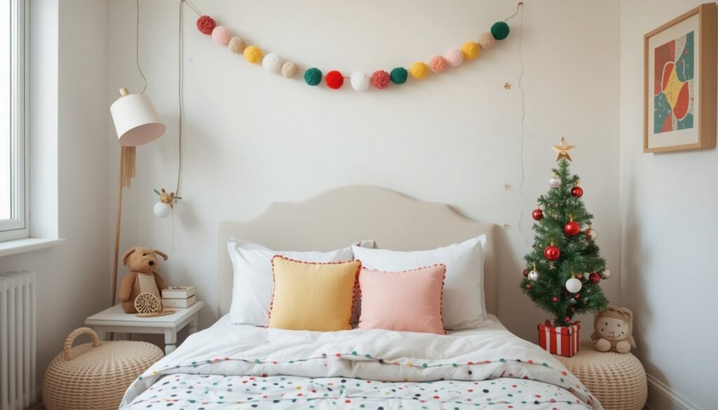 Cozy Christmas bedroom decor with a festive tree and pom-pom garland