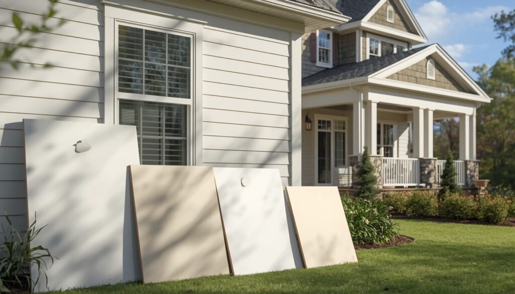White exterior house color samples leaning against a beige siding house