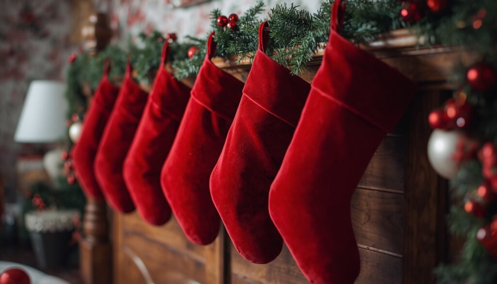 Red Christmas stockings hang on a mantelpiece, part of cozy Christmas bedroom decor.