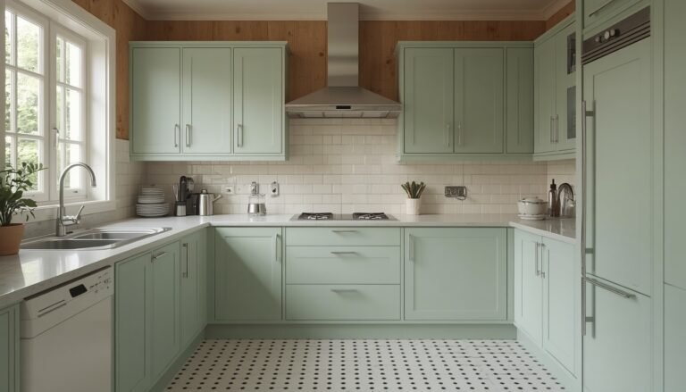 Mint green retro kitchen with white subway tile backsplash and checkered floor
